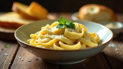 Aromatic pasta dish with a creamy sauce, garnished with fresh parsley and a sprinkle of cheese, served in a shallow bowl on a rustic wooden table with bread in the background.