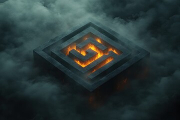 Dark, ominous cube of fire, enveloped in shadow and mystery