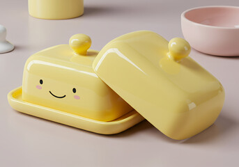 Yellow Butter Dish with Lid Ceramic Server Cute Face Kitchen Decor