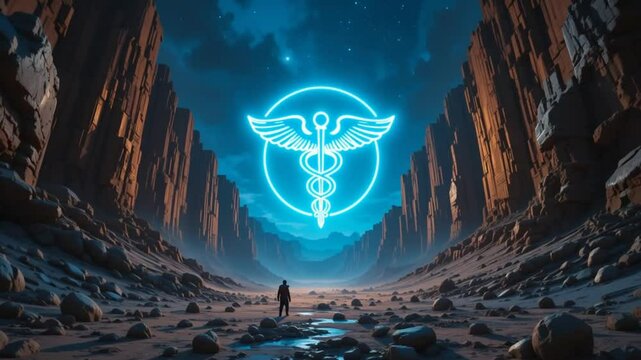 Futuristic medical symbol glowing over surreal canyon landscape with lone figure