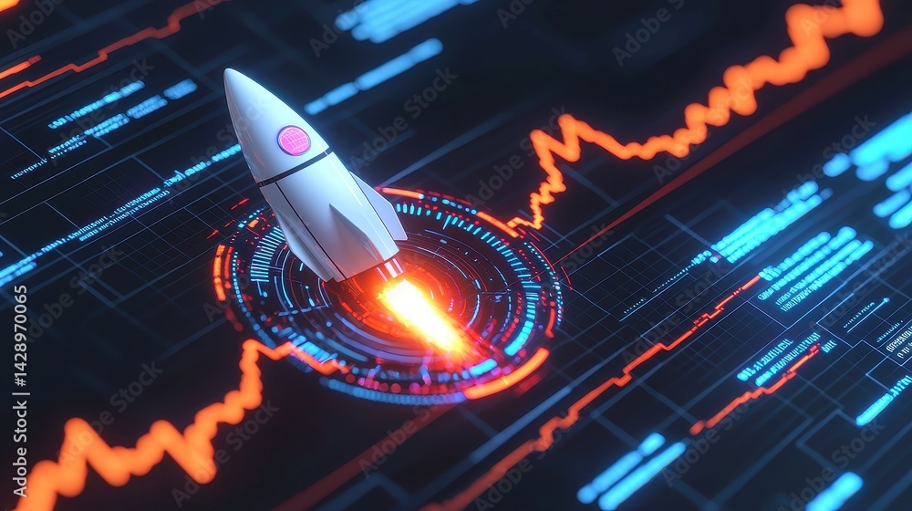 Poster dynamic 3d rocket soaring through a vibrant blockchain data stream, illuminated arcs and futuristic 