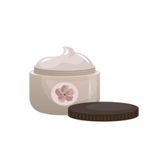 Open jar with cream in flat design. Skin care product, cosmetic package. Vector illustration isolated.