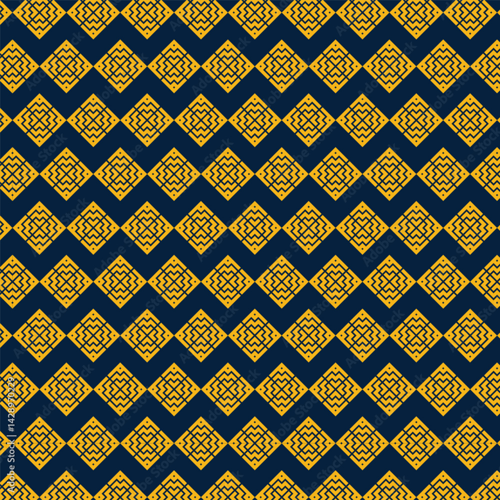 Poster Geometric maze Yellow diamond patterns on navy backdrop form a seamless intricate design