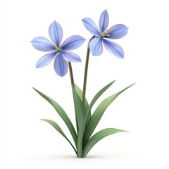 Naklejka premium Two delicate light-blue flowers with green leaves against a white background.