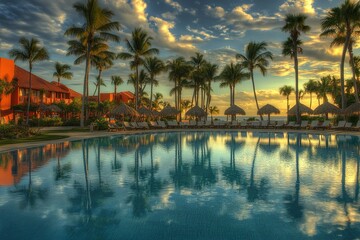 Palm trees and a swimming pool at sunset in a tropical beach resort, with chairs, umbrellas, and a bar on the water's surface, reflected in the water. A travel and vacation concept. Real photograph. 