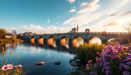 Obraz premium Bridge Over River, Beautiful Buildings and Colorful Flowers