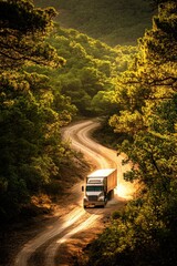 Sunset on rural road, lone truck in motion