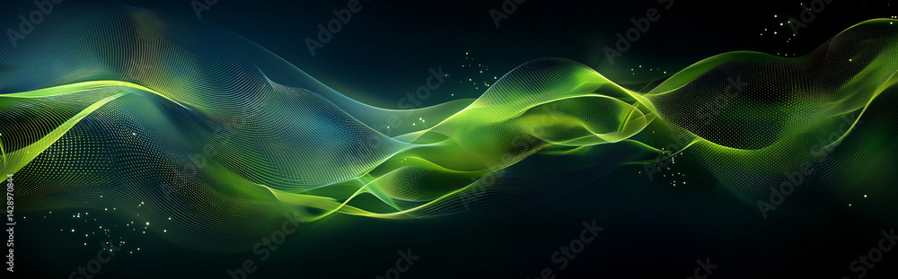 Poster abstract green energy flow dynamic waves of light and data for tech science and nature designs