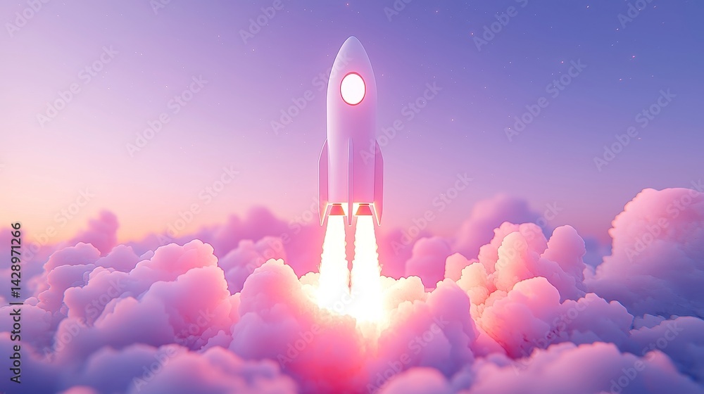 Poster chrome rocket soaring through the cosmos, breaking free from the pull of declining stocks, trailing 