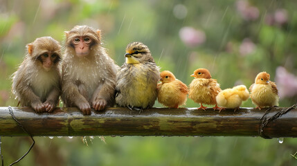 monkey and chicken are sitting on a tree trunk