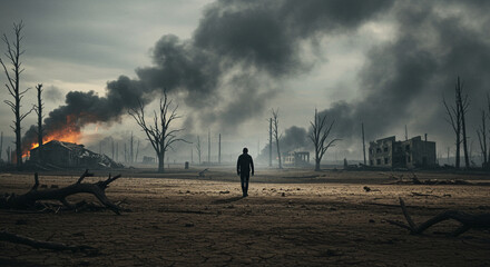 Human walking in post-apocalyptic landscape