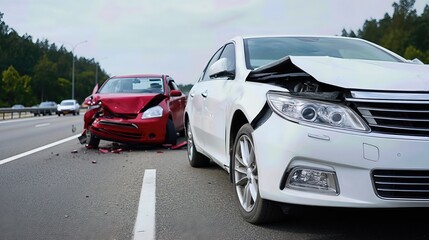 The close-up reveals crushed metal and scattered debris, capturing the aftermath of a highway collision between a white and red car.

