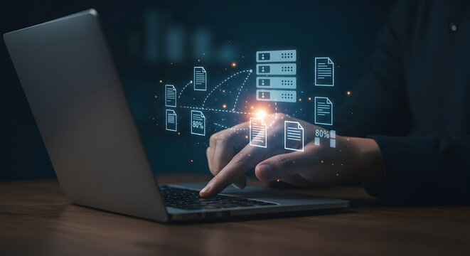 Closeup of Man Typing on Laptop Surrounded by Holographic Data Icons in Dark Ambient Light with Wooden Table