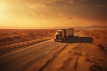 Semi truck on highway at sunset