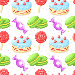 Seamless pattern of macaroon cookies, candy, cake in pixel style