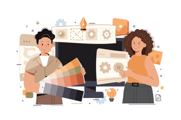 Web design concept with cartoon people design. Man and woman programming and creating site layout with content organization, elements placement. Flat vector illustration isolated on white background