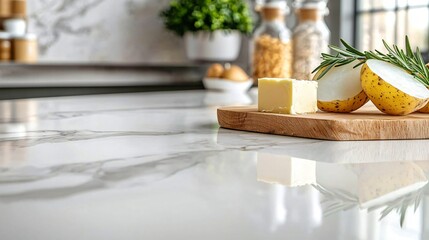 clean modern image of rustic ingredients: potatoes, rosemary, butter, placed in upper right third, with open tabletop on left