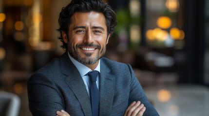 Fototapeta premium Confident Professional: A Stylish and Successful Businessman in a Sharp Suit, Exuding Authority and Poise in a Modern Office Setting