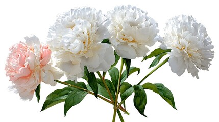 Obraz premium A cluster of five peonies, one pink and four white, with lush green foliage