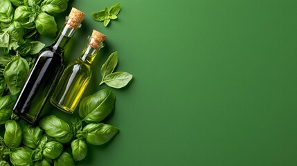 minimal flat lay with herbs and oil bottles: mint, basil, thyme in upper corner, clean smooth surface on lower half for design overlay