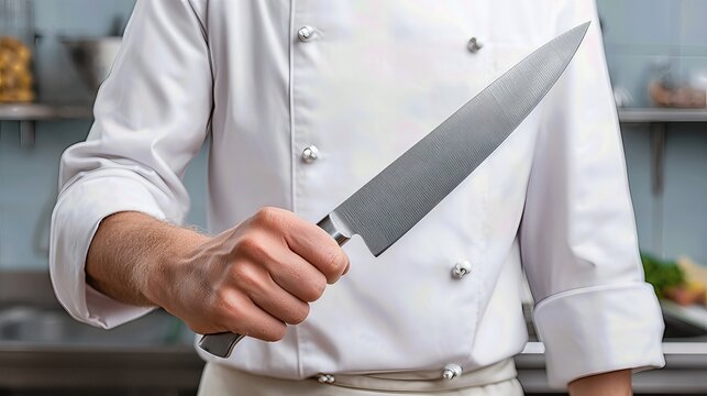 With focused intent, the chef grips a sharp kitchen knife, embodying mastery and readiness in the culinary craft.

