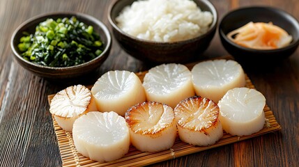 Japanese seafood ingredients on light bamboo mat: scallops, seaweed, rice, arranged on bottom half, with clean top area for packaging design