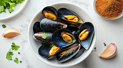 clean modern seafood setting: mussels in white bowl, garlic, herbs on marble countertop, right side blank for recipe copy