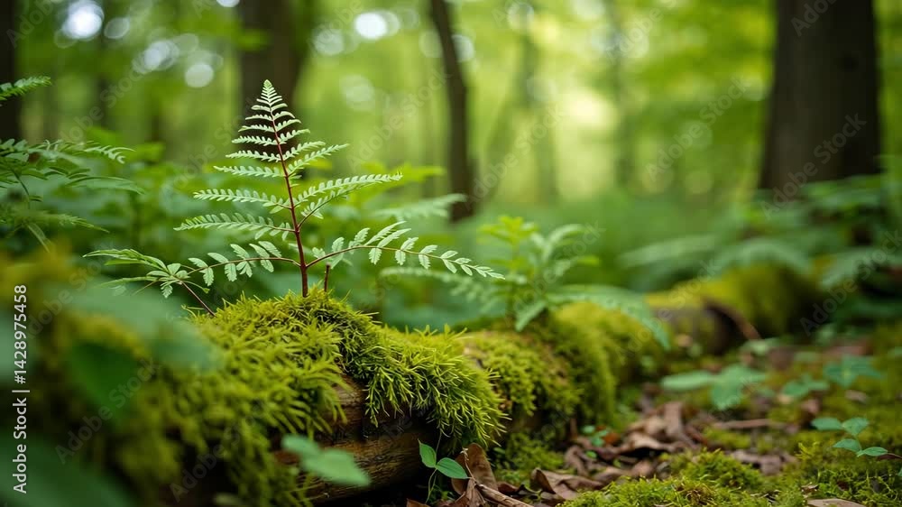 Poster green fern and moss growing on log in lush forest with sunlight filtering through the trees creating
