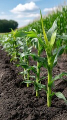 Young corn sprouts thrive in black soil under a blue sky, highlighting the vibrancy of new growth in an agricultural field