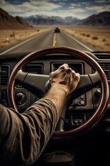 Man driving vehicle down desert road