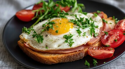This vibrant breakfast plate combines golden egg yolk, fresh greens, and hearty flavors for a satisfying start to the day.