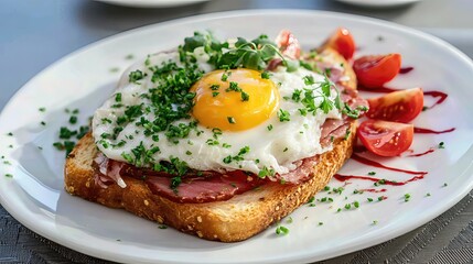 This vibrant breakfast plate combines golden egg yolk, fresh greens, and hearty flavors for a satisfying start to the day.