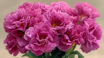 Fototapeta premium A bouquet of vibrant, ruffled pink flowers with green stems against a light background