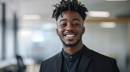 Obraz premium Young man smiling confidently in professional attire, conveying success and self-assurance in a modern workplace.