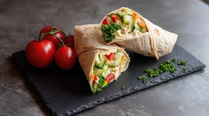 A soft wrap brimming with crisp veggies and creamy hummus rests on a slate plate, offering a colorful and nutritious meal.


