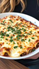 Deliciously baked lasagna with golden cheese and fresh herbs served on a white plate