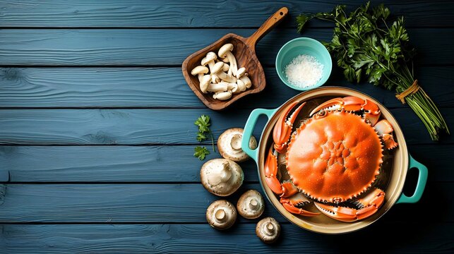 studio scene with seafood hot pot ingredients: prawns, crab legs, mushrooms on bottom half, top half blank for text overlay