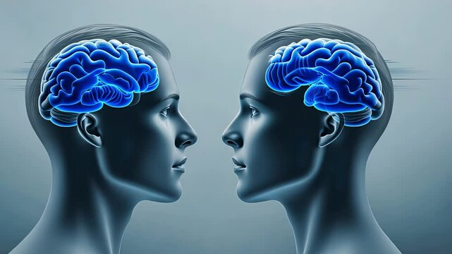 Two human heads facing each other with glowing blue brain scans, depicting the concept of intelligence, thought processes, and cognitive functions.


