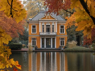 Obraz premium Autumnal house by a pond