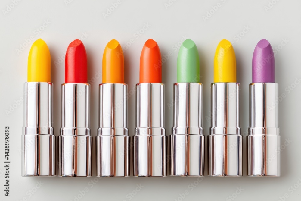 Poster vibrant and playful display of assorted colorful lipsticks lined up neatly, showcasing a spectrum of