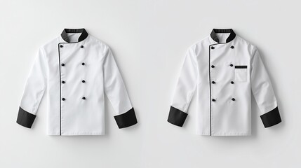 Two white chef coats with black trim, laid flat
