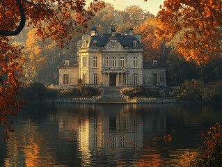 Fototapeta premium Autumnal manor by a tranquil lake