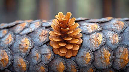 Close-up of the textured surface of a pinecone