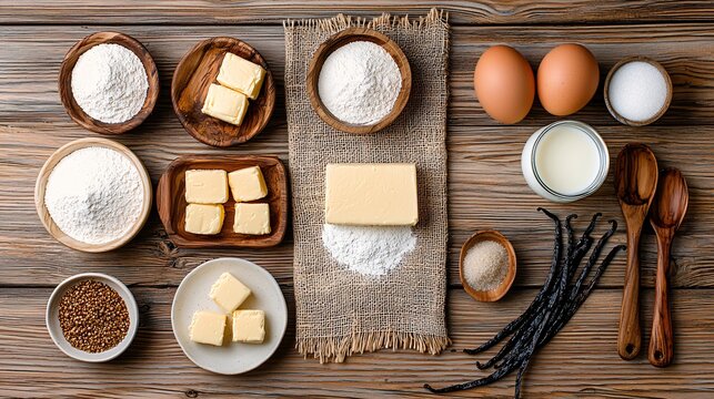 cooking essentials: brown eggs, flour, butter cubes, vanilla pods, brown sugar, and milk on rustic bright tabletop, photographed from above with natural texture and bakery theme
