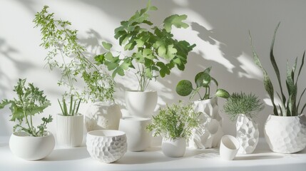 White ceramic plant pots on sunlit shelf with shadows