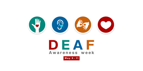 Deaf Awareness Week. Hand, ear and more. Suitable for posters, banners, social media and more. White background.