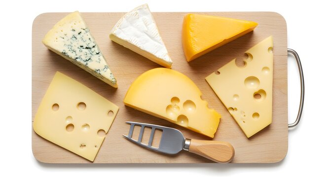AI image Top view cheese platter with various cheese types like blue, swiss, brie on a wooden cutting board with knife appetizer.