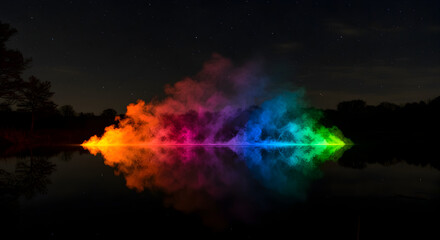 Naklejka premium Colorful Mist Reflecting On Serene Lake at Night Under Starry Sky