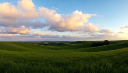Obraz premium Green Hills Landscape with Dramatic Cloudscape at Sunset Time