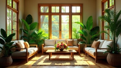 Serene Living Room with Abundant Natural Light and Lush Greenery